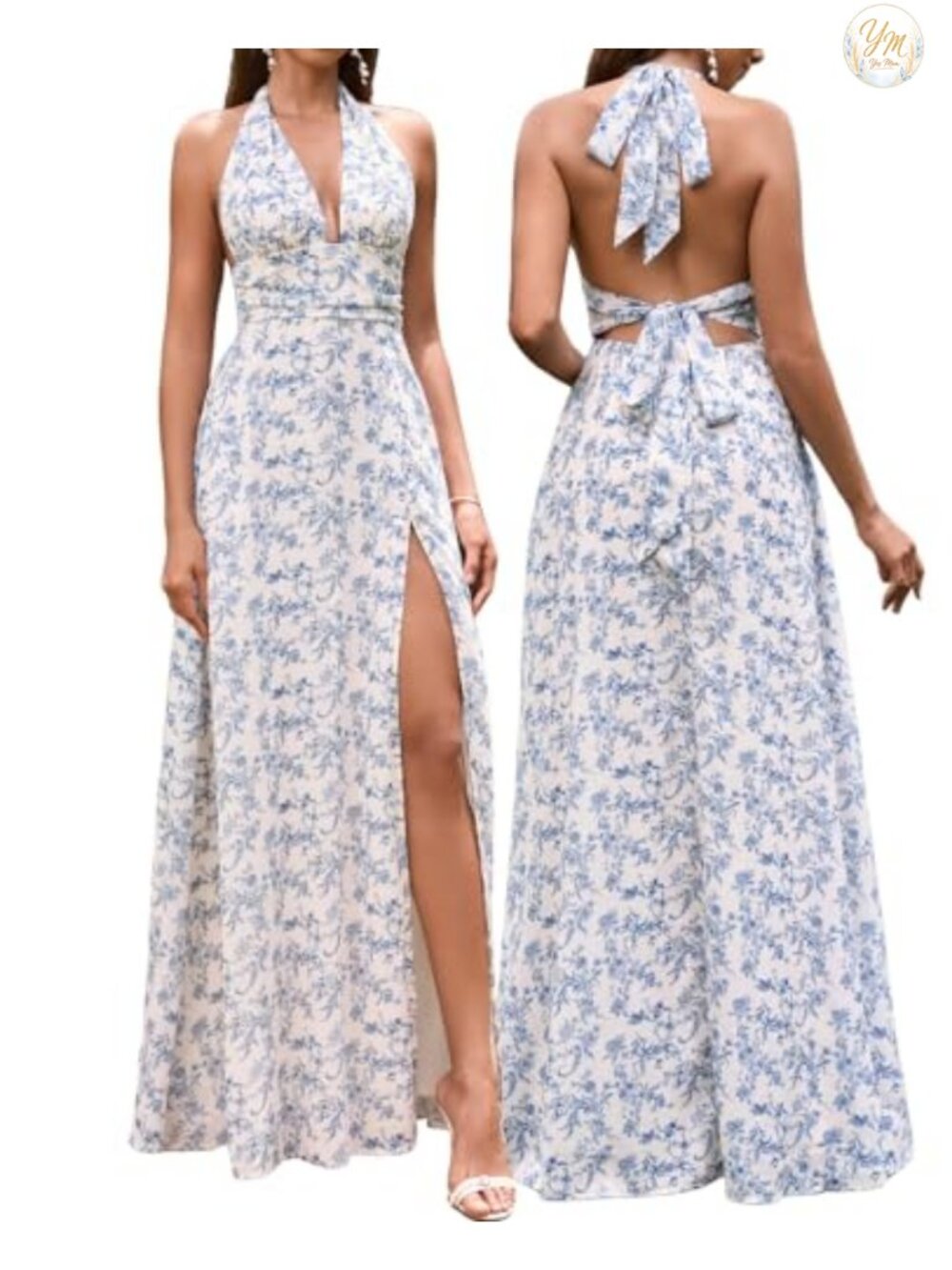 Halter Flowy Chiffon Maxi Dress with Slit & Open Back